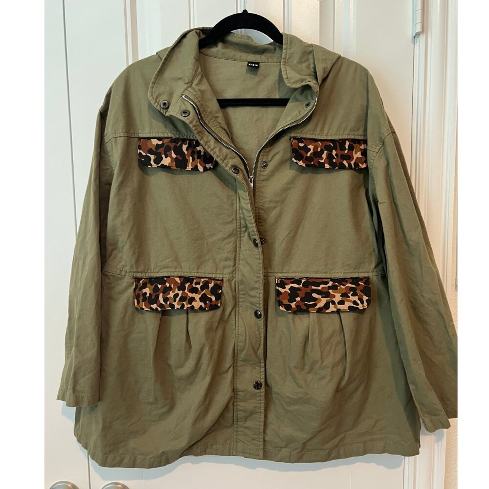 (Up) Cycled Army Green Utility Jacket with Leopard Trim and Hood